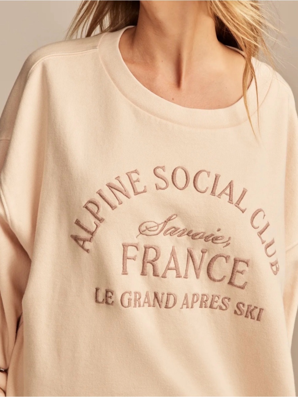 Lucky Brand Cream Crewneck Sweatshirt with Taupe Embroidery